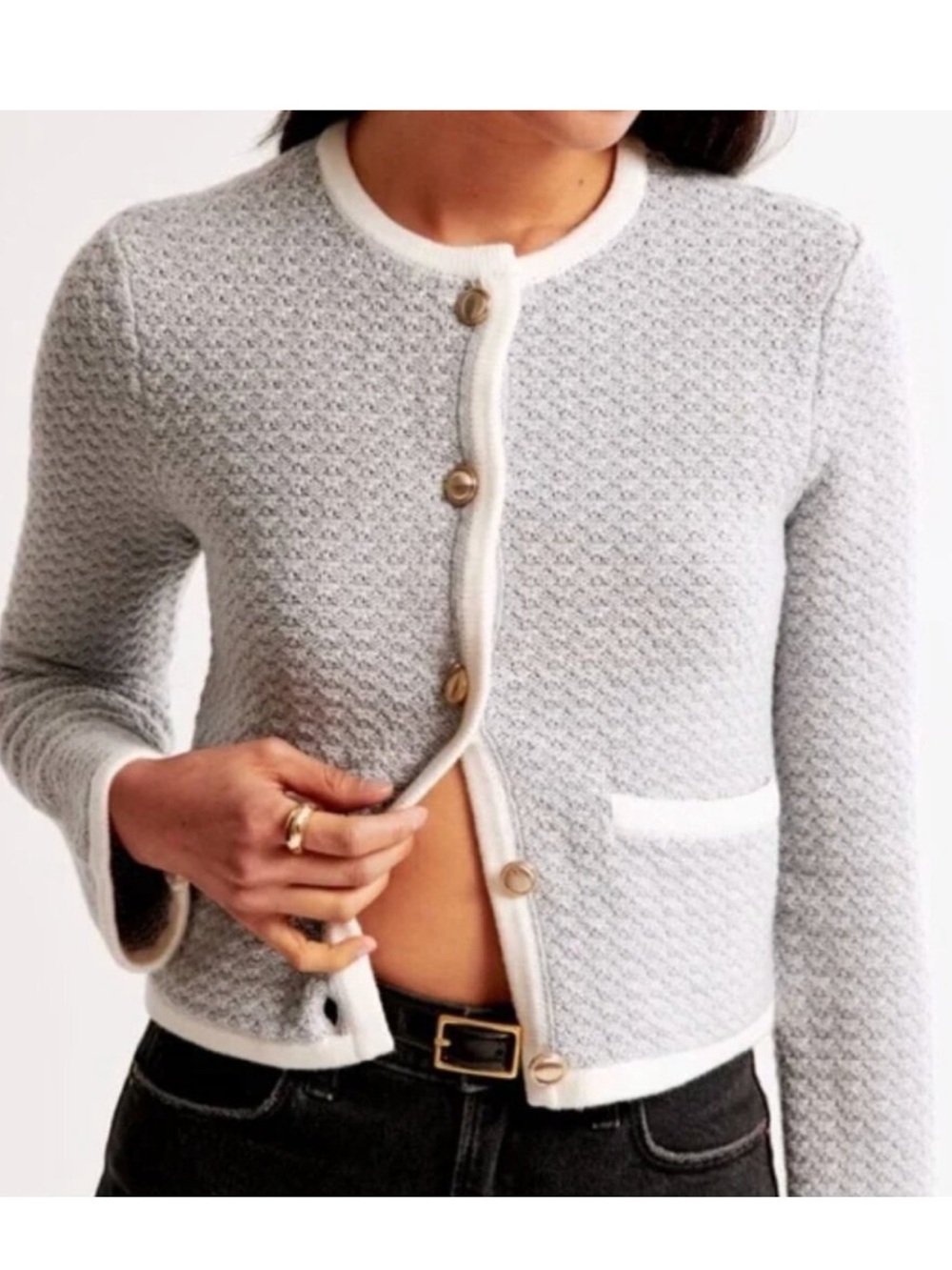 Abercrombie & Fitch Light Blue Textured Crewneck Cardigan with Cream Trim